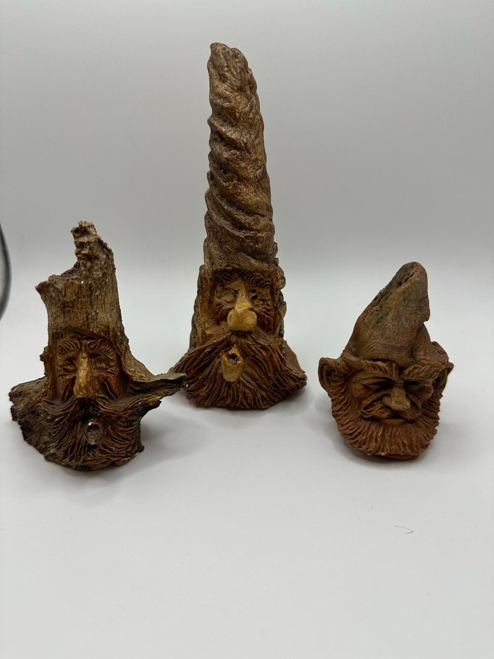 Trio of Vintage Folk Art Carved Wood Spirit Old Man Gnome Face Sculptures